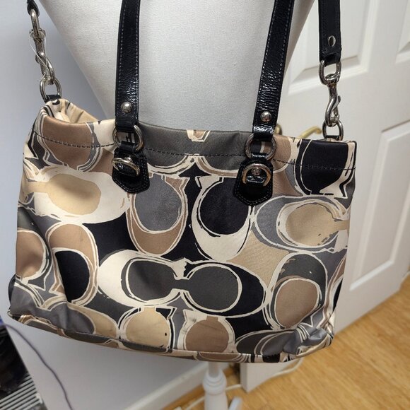 Coach Signature Satin Double Handle Black/Grey/Tan - Picture 2 of 7